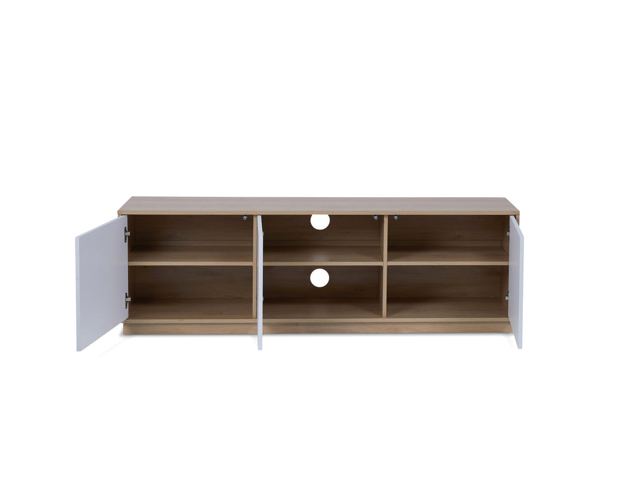 Imperial Homes coastal TV unit with white doors and natural wood shelves, open storage compartments