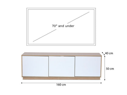 Imperial Homes coastal TV unit with white front panels and natural wood finish measuring 160 cm wide