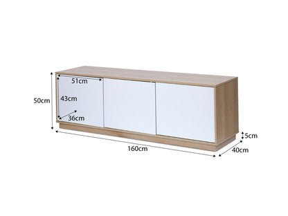 Imperial Homes coastal TV unit with light wood finish and three white cabinet doors measuring 160 cm wide