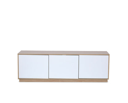 Imperial Homes coastal TV unit with white cabinet doors and natural wood frame