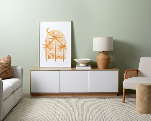 Imperial Homes coastal TV unit with white doors and wood top in stylish modern living room
