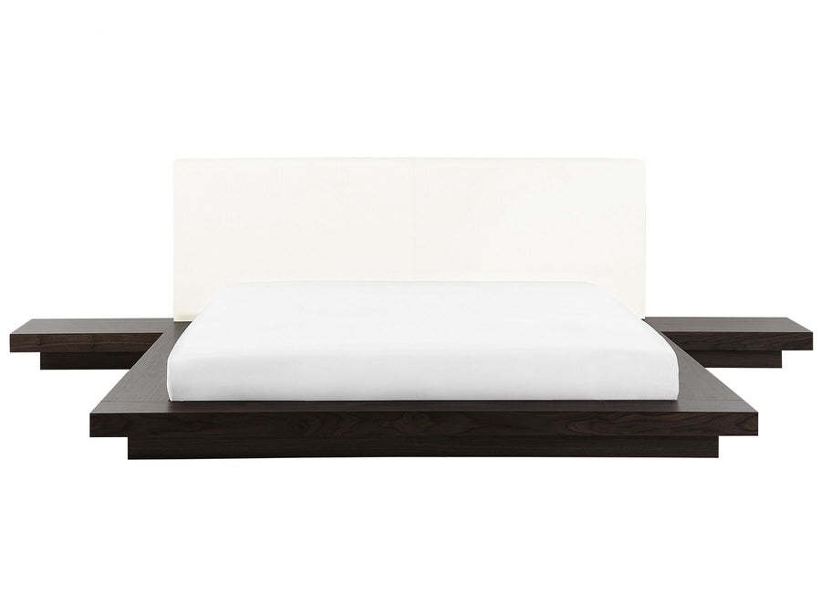 Imperial Homes minimalist platform bed with dark wood frame and white upholstered headboard