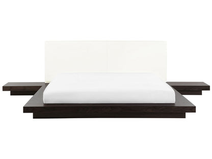 Imperial Homes minimalist platform bed with dark wood frame and white upholstered headboard
