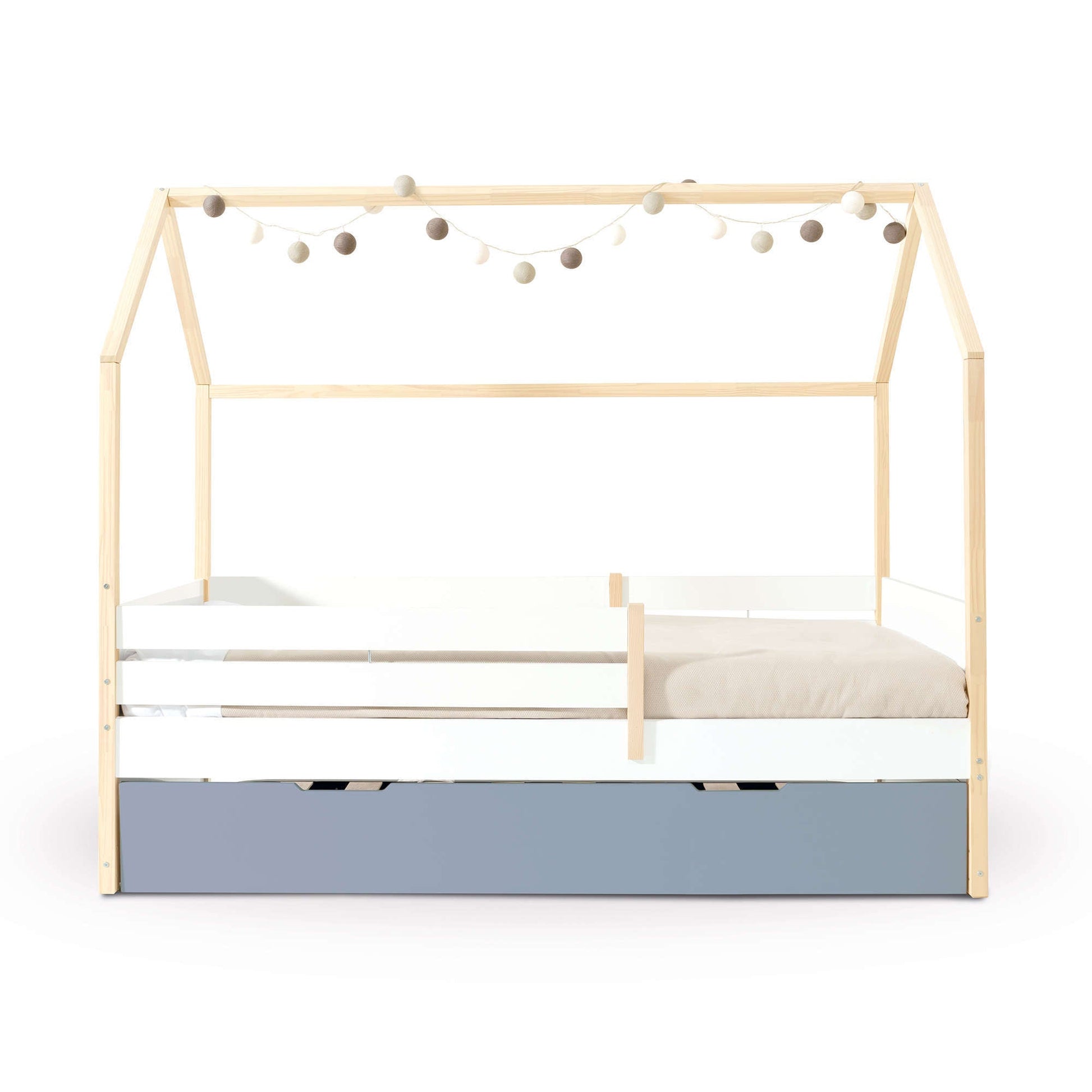 Imperial Homes House Teepee Bed with natural wood frame white base and decorative string lights