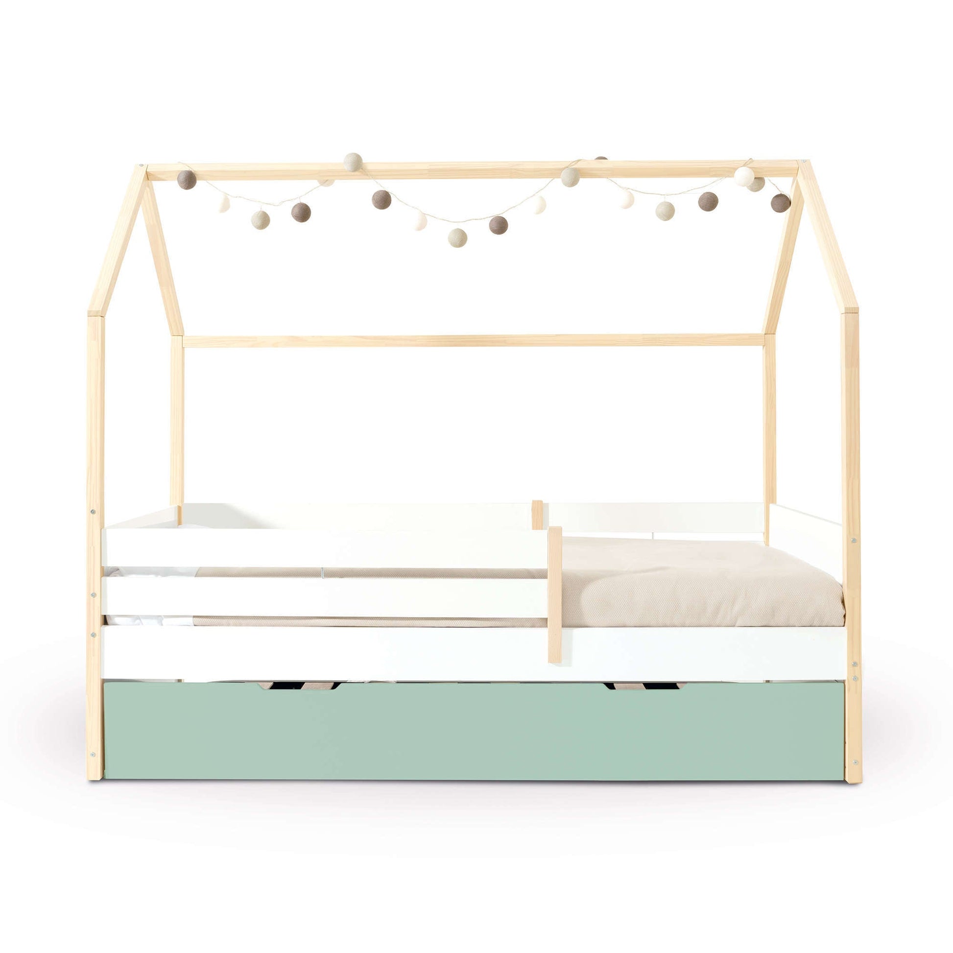 Imperial Homes House Teepee Bed with wooden frame and string lights over white mattress