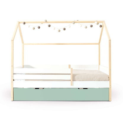 Imperial Homes House Teepee Bed with wooden frame and string lights over white mattress