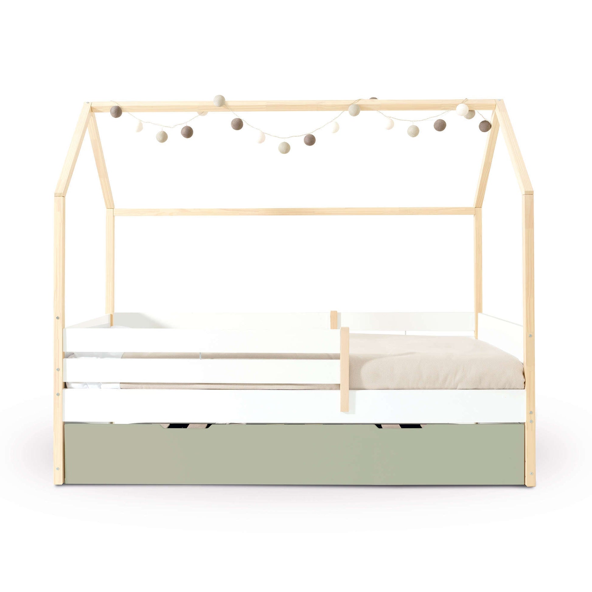Imperial Homes House Teepee Bed with wooden frame and white safety rails decorated with string lights