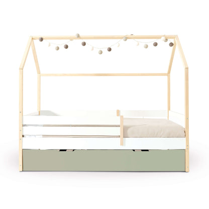 Imperial Homes House Teepee Bed with wooden frame and white safety rails decorated with string lights