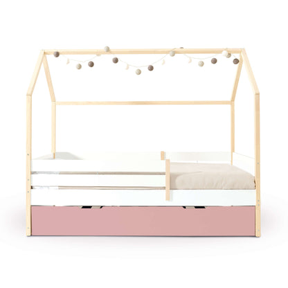 Imperial Homes House Teepee Bed with wooden frame and white guardrails decorated with string lights
