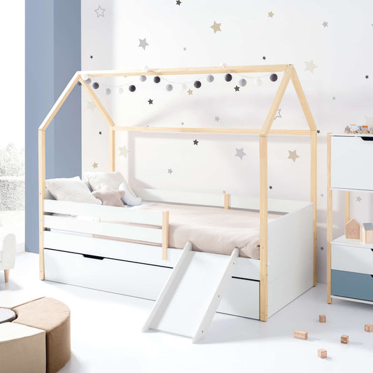 Imperial Homes House Teepee Bed with slide and star wall decals in a bright kids bedroom