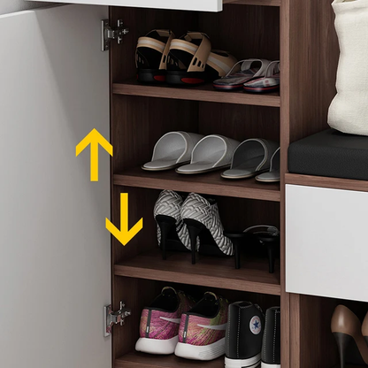 Imperial Homes minimalist entryway shoe storage with multiple shelves holding sandals, heels, and sneakers