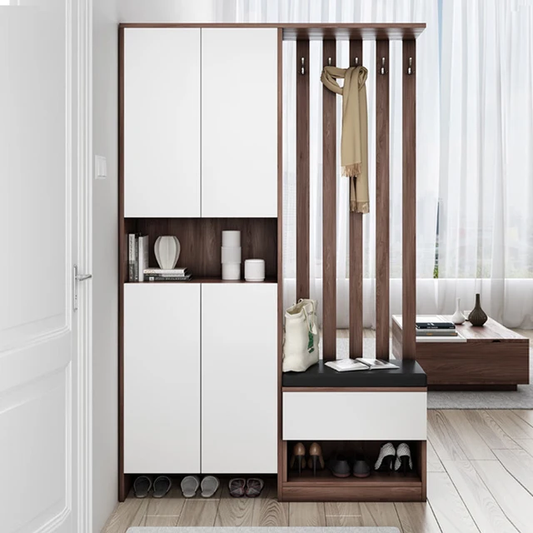 Imperial Homes minimalist entryway shoe storage with white cabinets and wooden accents with hooks and bench