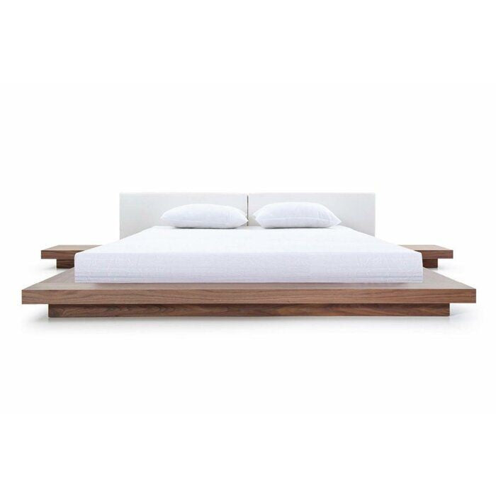 Imperial Homes minimalist platform bed with wooden frame and white upholstered headboard