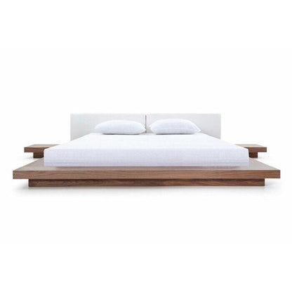 Imperial Homes minimalist platform bed with wooden frame and white upholstered headboard