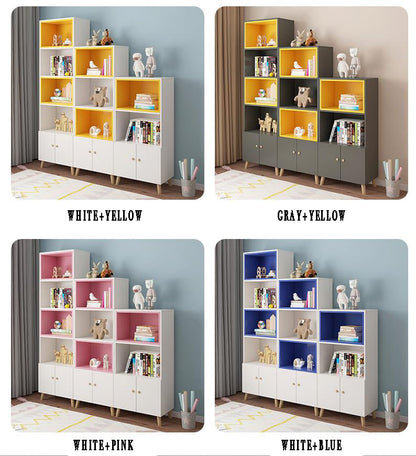 Modern bookshelf with cabinets in white yellow gray yellow white pink and white blue color options