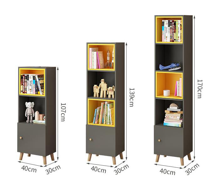 Imperial Homes modern bookshelf with cabinets in three sizes featuring black and yellow open shelves and closed storage