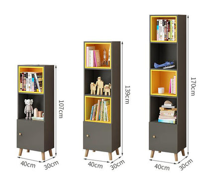 Imperial Homes modern bookshelf with cabinets in three sizes featuring black and yellow open shelves and closed storage