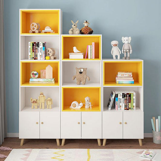 Imperial Homes modern bookshelf with cabinets in white and yellow featuring decorative items and books