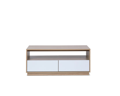 Imperial Homes modern minimalist coffee table in wood finish with two white drawers and open shelf