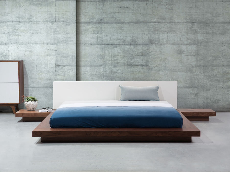 Imperial Homes minimalist platform bed with wooden base and white headboard in modern bedroom