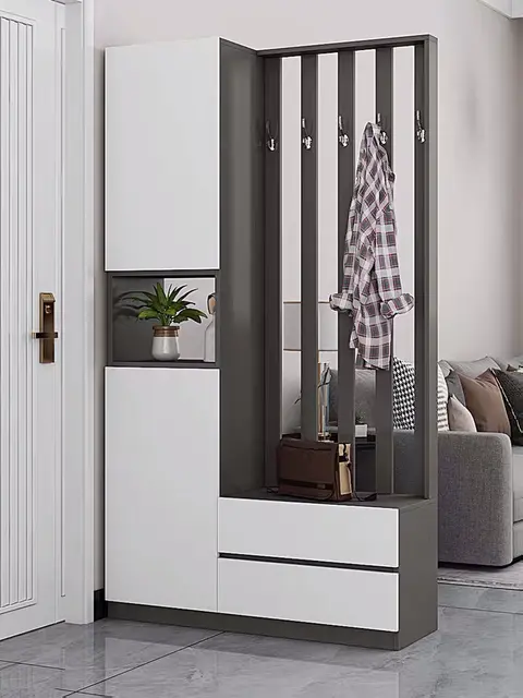 Imperial Homes modern shoe and hook cabinet with white storage compartments and hanging hooks in entryway