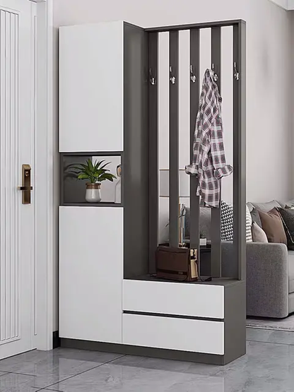 Imperial Homes modern shoe and hook cabinet with white storage compartments and hanging hooks in entryway