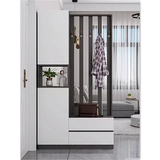 Imperial Homes modern shoe and hook cabinet with white finish and multiple storage compartments