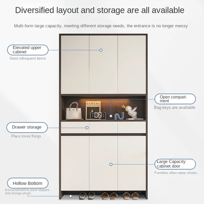 Imperial Homes modern shoe cabinet with elevated upper cabinet, drawer storage, open compartment, and hollow bottom for shoe organization