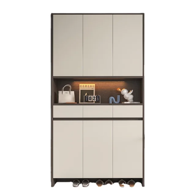 Imperial Homes modern shoe cabinet with multiple storage compartments and neutral beige doors