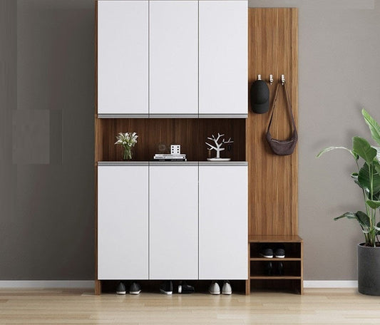 Imperial Homes modern shoe cabinet with white doors and wooden accents for organized shoe storage