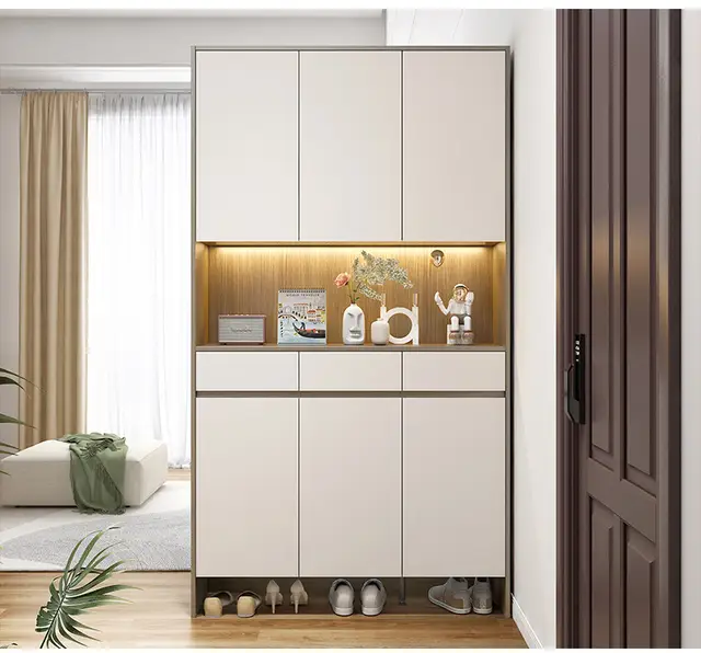 Imperial Homes modern shoe cabinet in white with multiple storage compartments and warm interior lighting