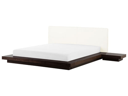 Imperial Homes minimalist platform bed with dark wood base and upholstered white headboard