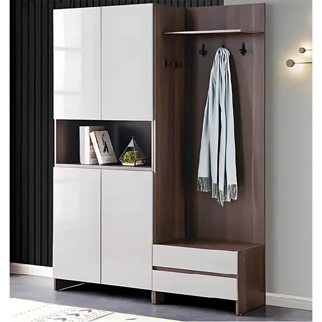 Imperial Homes tall entryway shoe organizer with white doors and dark wood finish with hooks and seating bench
