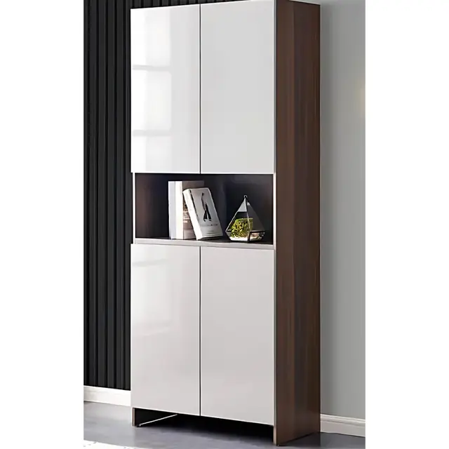 Imperial Homes tall entryway shoe organizer with white glossy doors and dark wood frame for stylish shoe storage