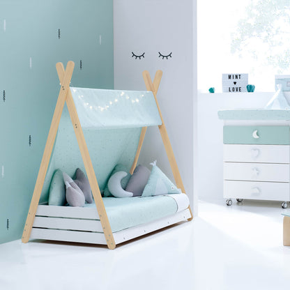 Imperial Homes Teepee Bed with light blue fabric and wooden frame in modern kids room