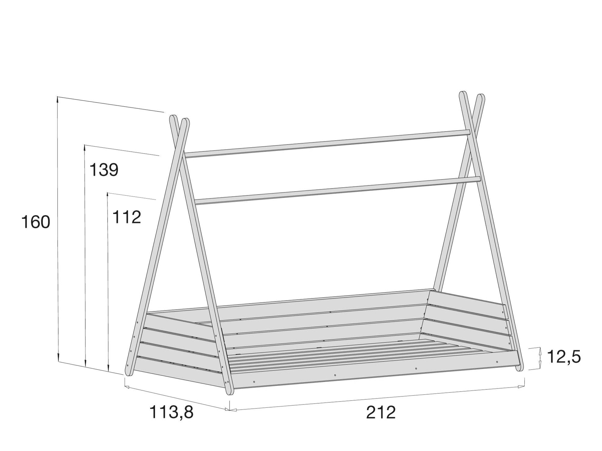 Imperial Homes Teepee Bed with wooden frame and slatted base detailed with dimensions
