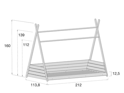Imperial Homes Teepee Bed with wooden frame and slatted base detailed with dimensions