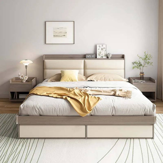 Imperial Homes urban storage bed with beige upholstery and light wood frame in modern bedroom