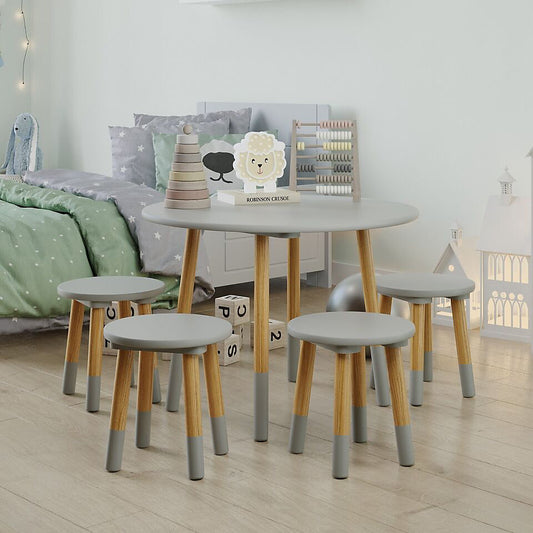 Round Kids Table & 4 Stools Set - Grey