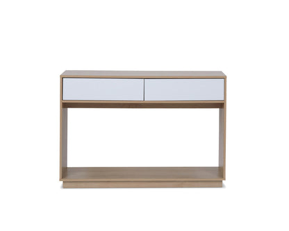 Imperial Homes coastal console table with natural wood finish and white drawer fronts