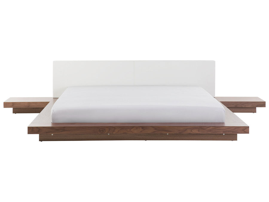 Imperial Homes minimalist platform bed with white headboard and wooden frame with attached floating nightstands