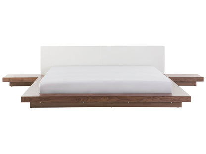 Imperial Homes minimalist platform bed with white headboard and wooden frame with attached floating nightstands