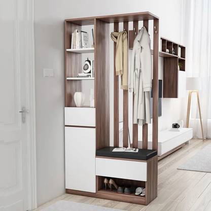 Imperial Homes modern entryway shoe cabinet with wood finish, cushioned bench, hooks, shelves, and storage compartments