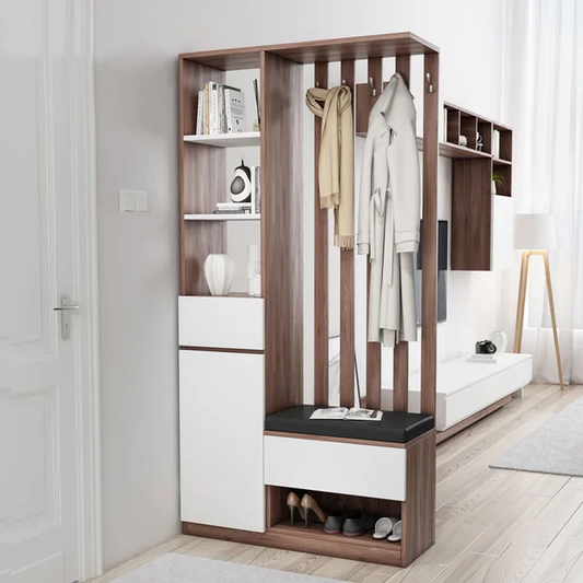 Imperial Homes modern entryway shoe cabinet with wood finish, cushioned bench, hooks, shelves, and storage compartments