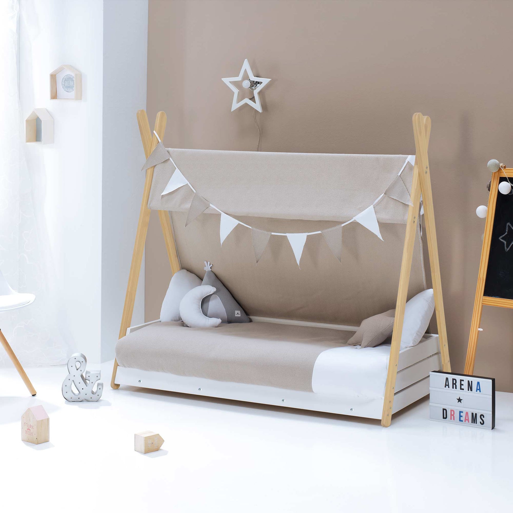 Imperial Homes Teepee Bed with beige fabric canopy and wooden frame in a modern minimalist room