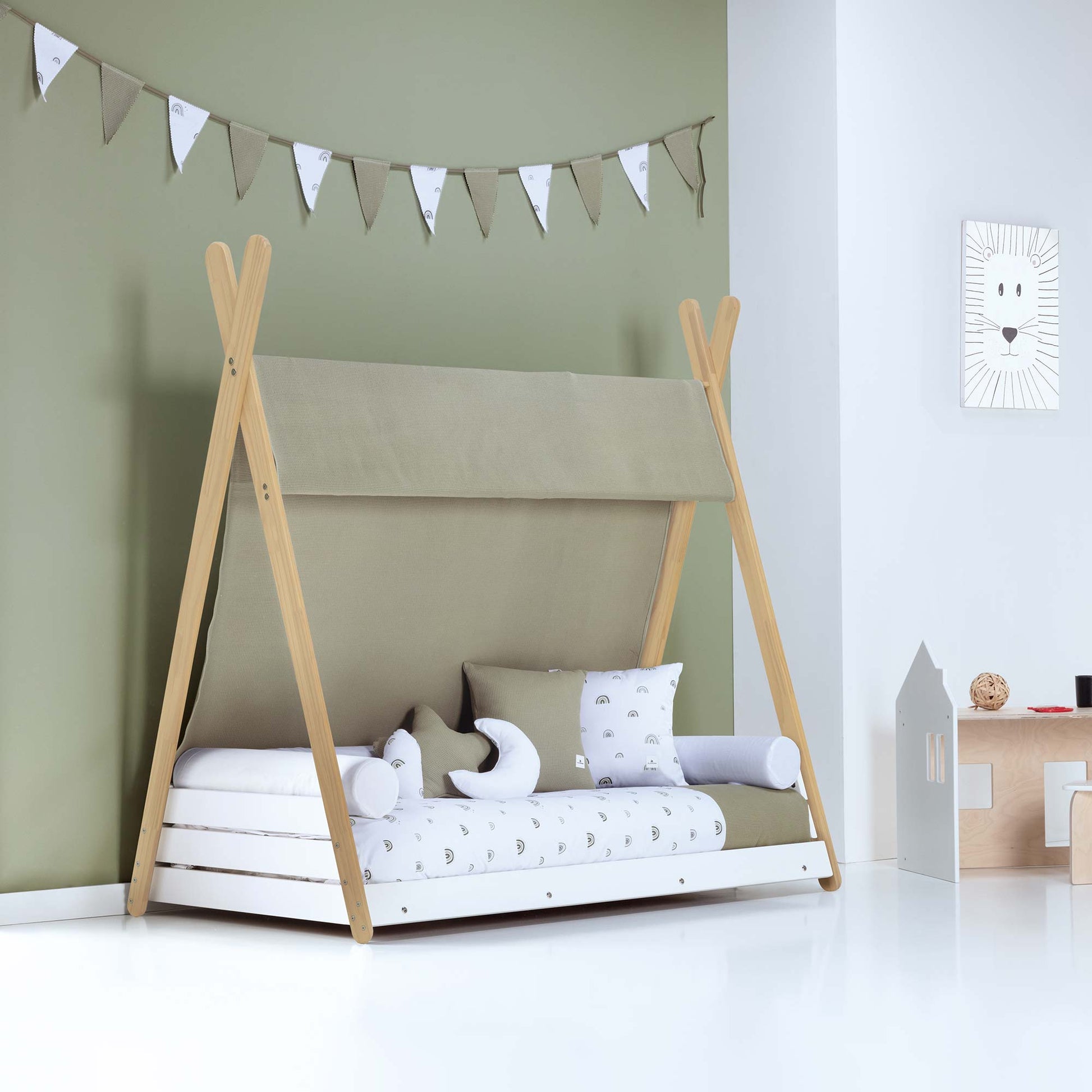 Imperial Homes Teepee Bed in beige with wooden frame and decorative pillows in a modern kids room