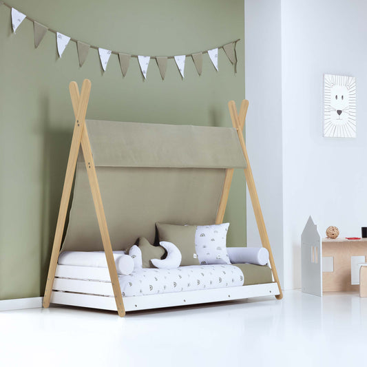 Imperial Homes Teepee Bed in beige with wooden frame and decorative pillows in a modern kids room