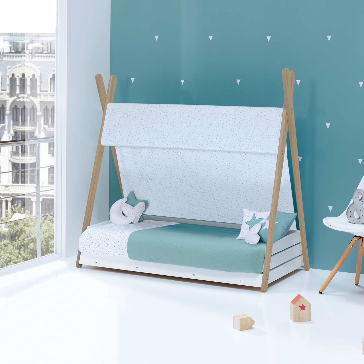 Imperial Homes white and teal wooden Teepee Bed with cushions in a modern kids bedroom