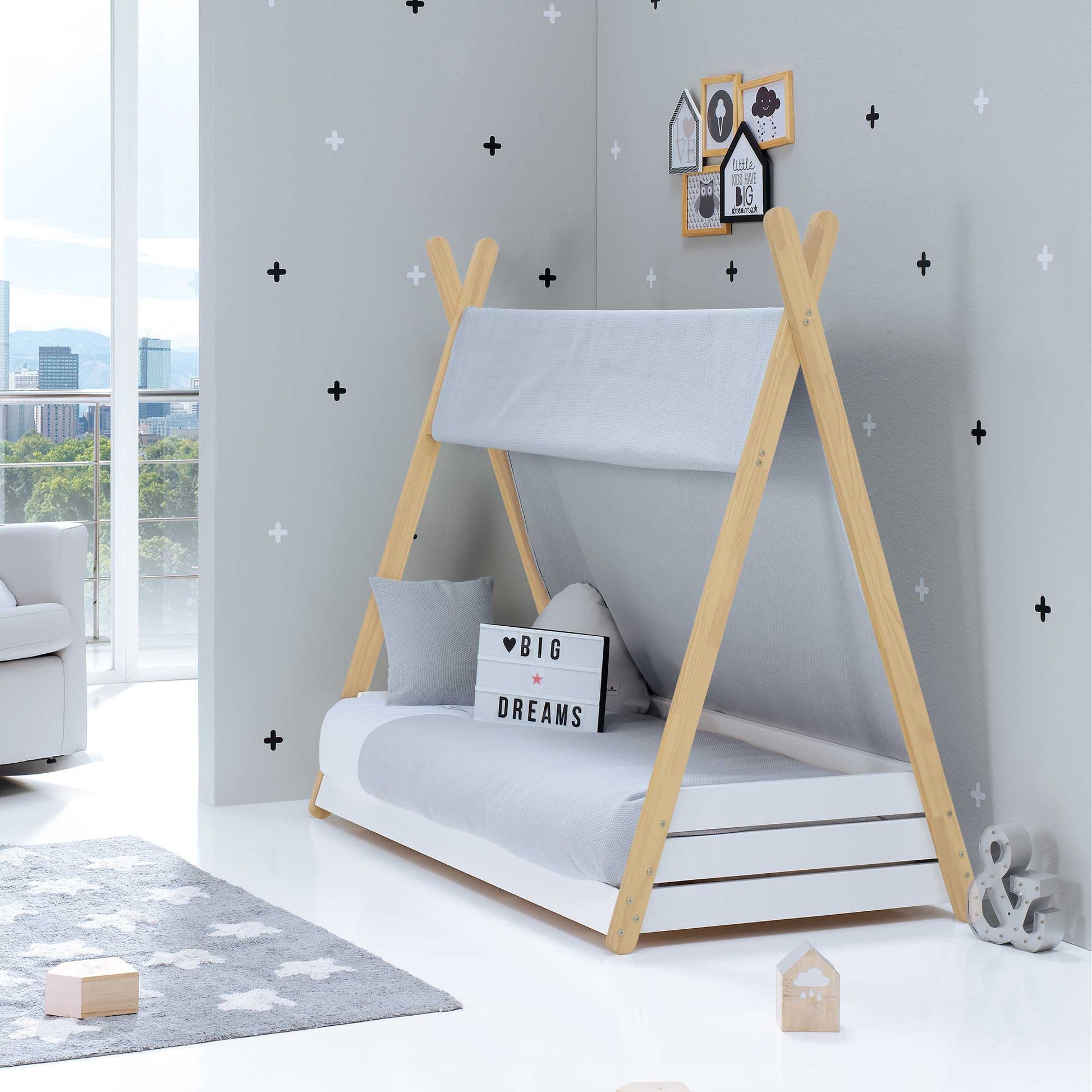 Imperial Homes Teepee Bed with light wood frame and gray canopy in modern kids room