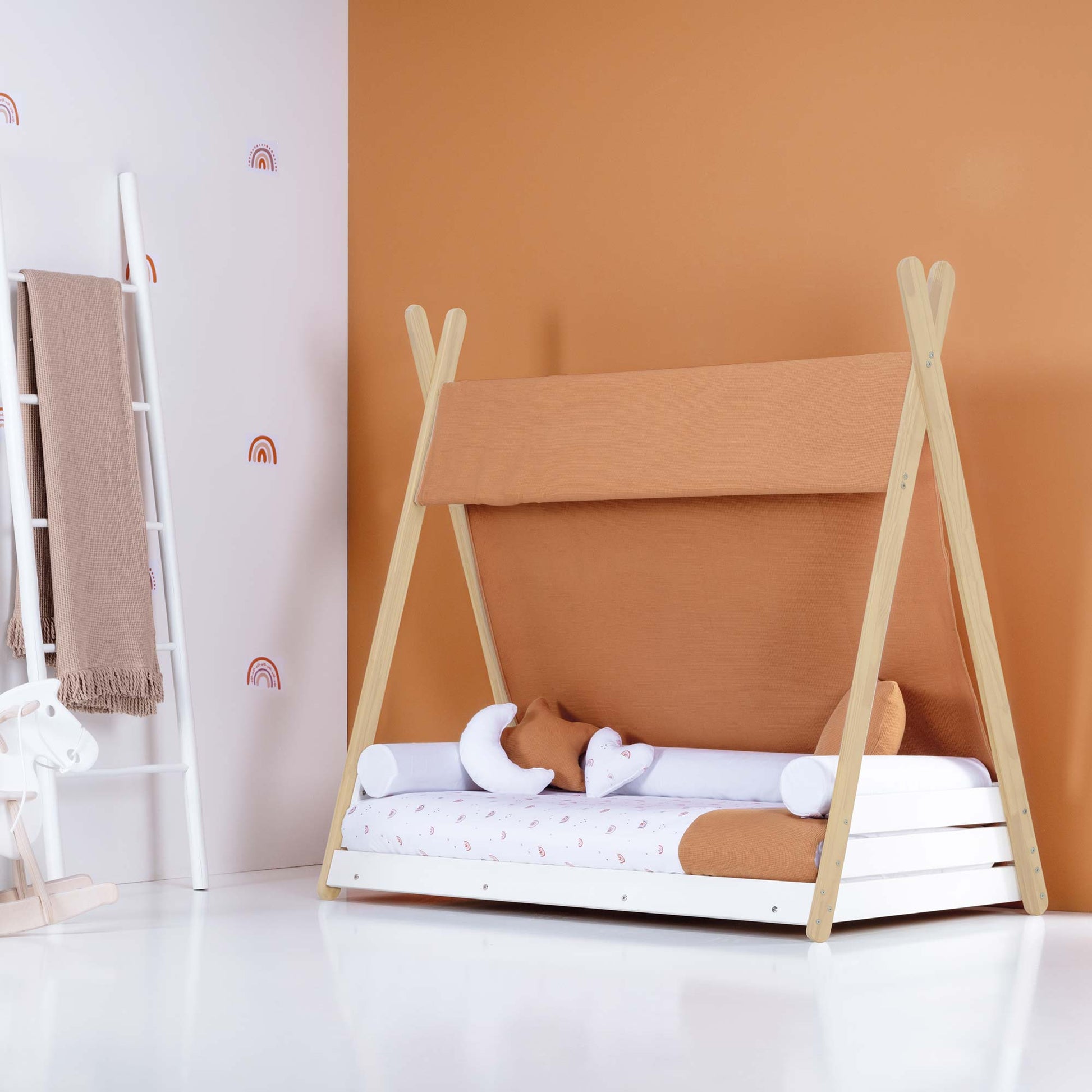 Imperial Homes Teepee Bed with wooden frame and tan fabric canopy in a modern kids room